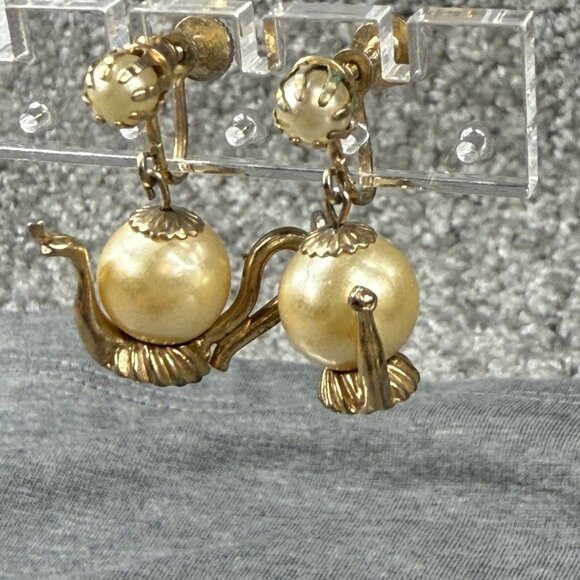 Vintage Gold-Toned Screw-Back Earrings With Teapot Design & Faux Pearl Accent - Picture 14 of 16